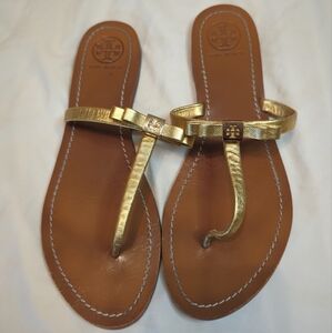 Tory Burch Leighanne Sandals Leather Logo Gold Metallic Ribbon Bow Size 10